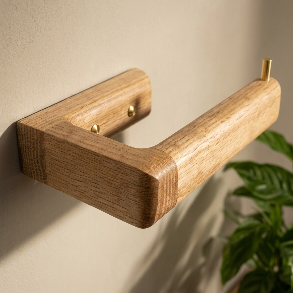 Wooden toilet roll holder on a beige wall with a plant in the background