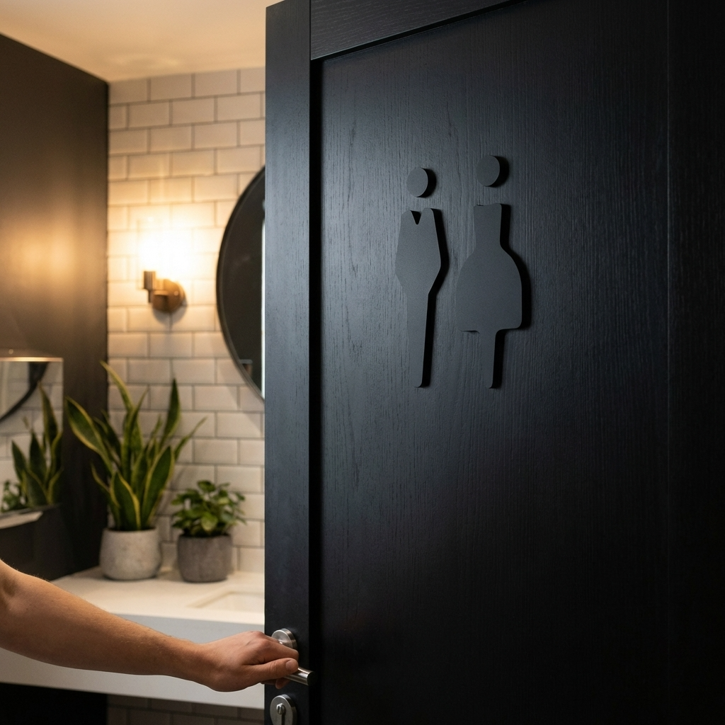 Person opening a black door with restroom symbols in a bathroom setting.