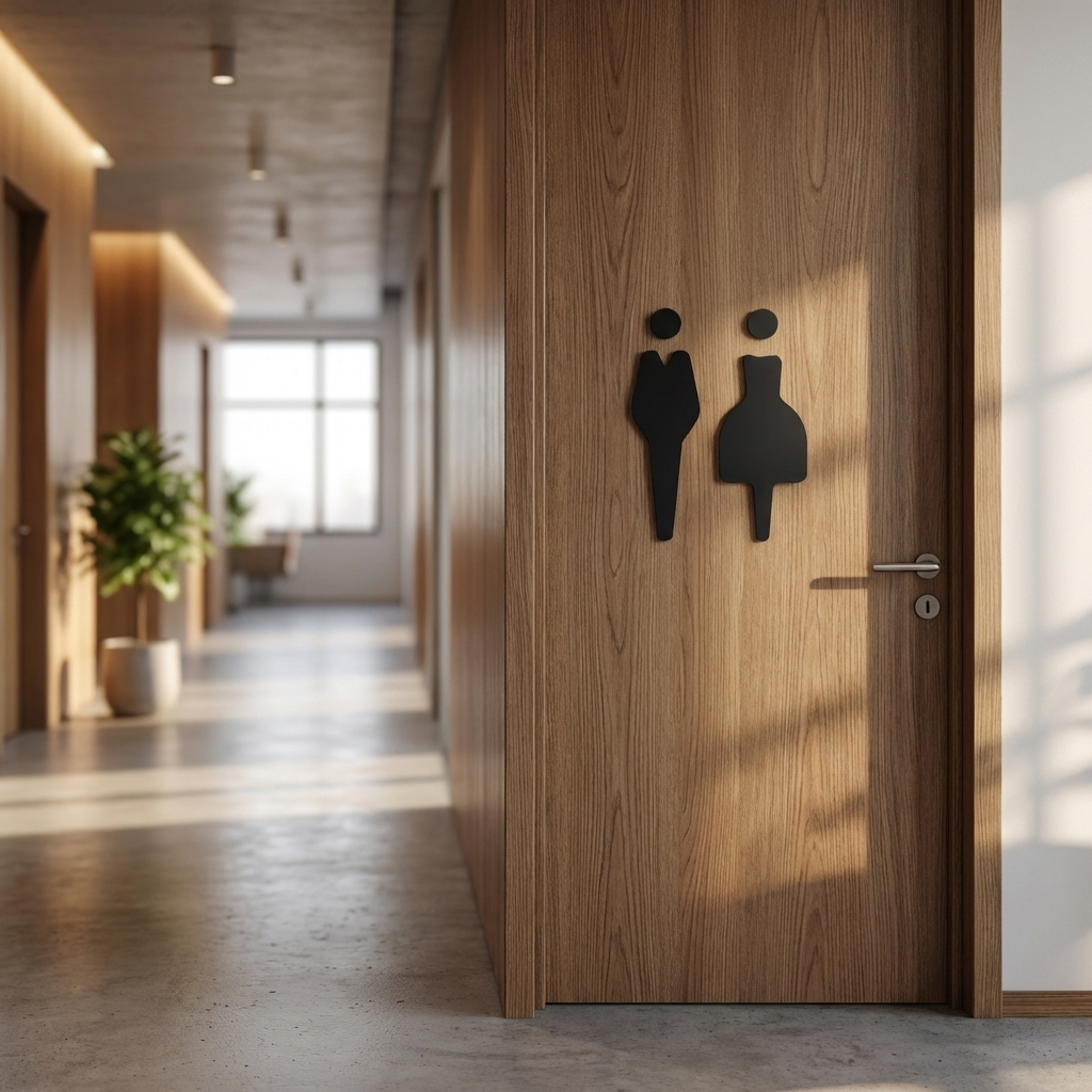 Wooden door with restroom icons in a well-lit hallway