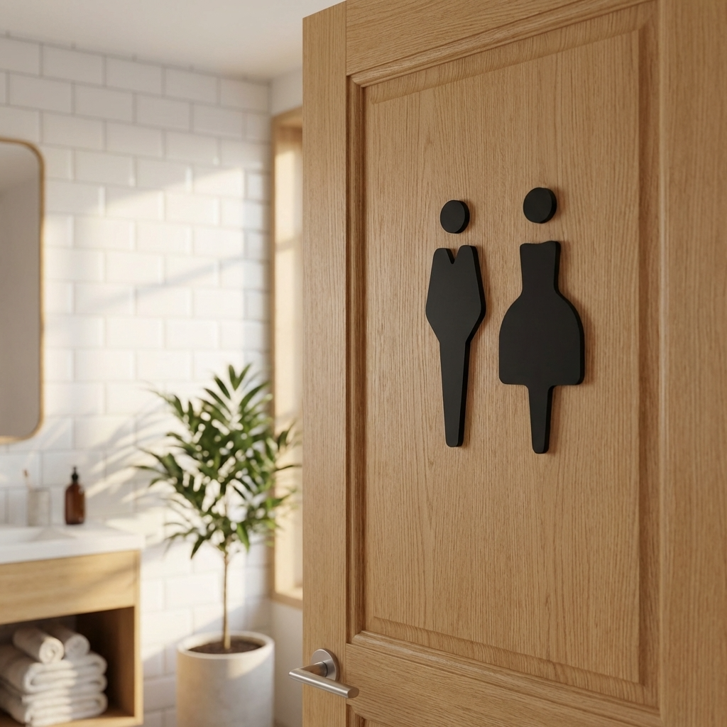 Wooden door with gender symbols in a bathroom setting