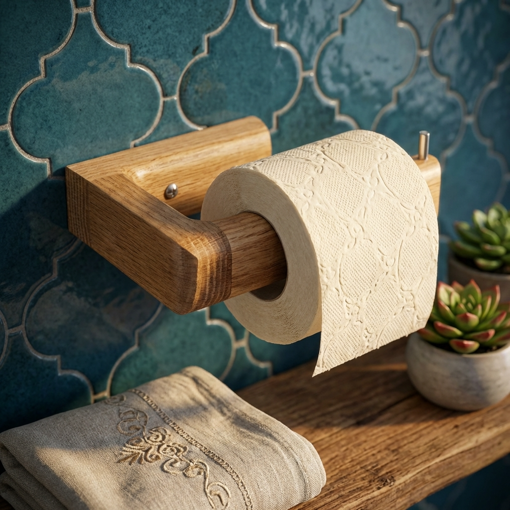 Wooden toilet paper holder with a roll of toilet paper against a blue tiled wall.