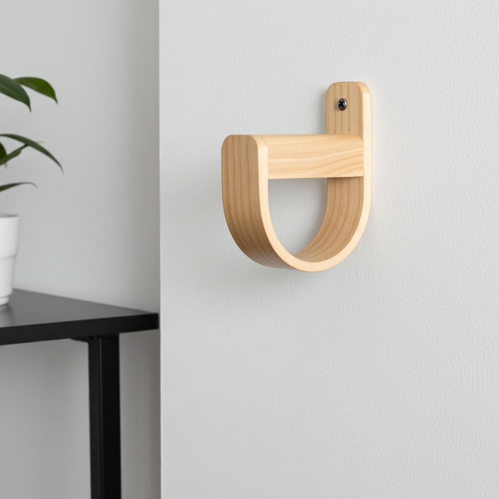 Wooden wall hook on a light gray wall with a plant and black shelf in the background.
