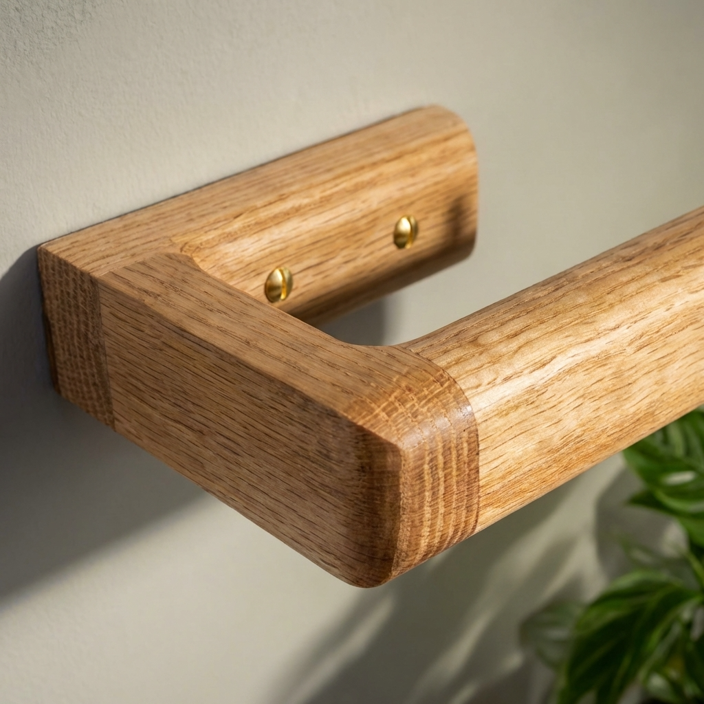 Closeup shot of oak toilet paper holder showing the quality of the wood and finish 