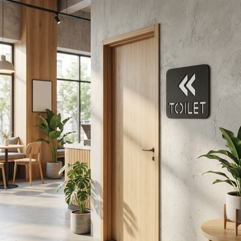 Modern office interior with a 'TOILET' sign on a door