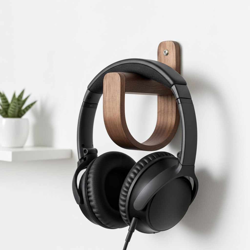 Black headphones hanging on a wooden headband holder against a white wall.