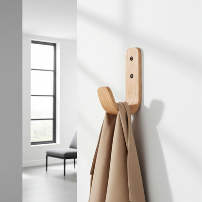 Wooden coat hook with a beige coat on a white wall.