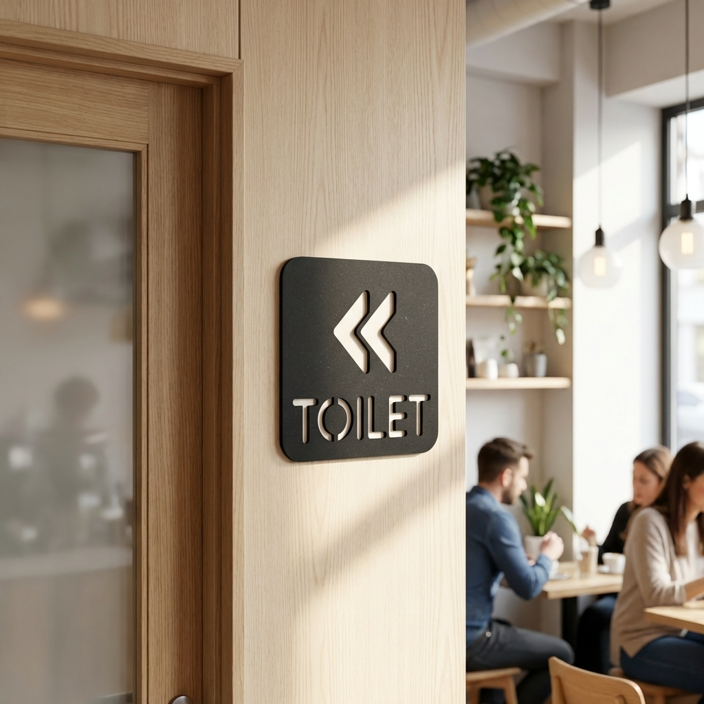 Toilet sign on a wall in a modern cafe setting with people sitting at tables.