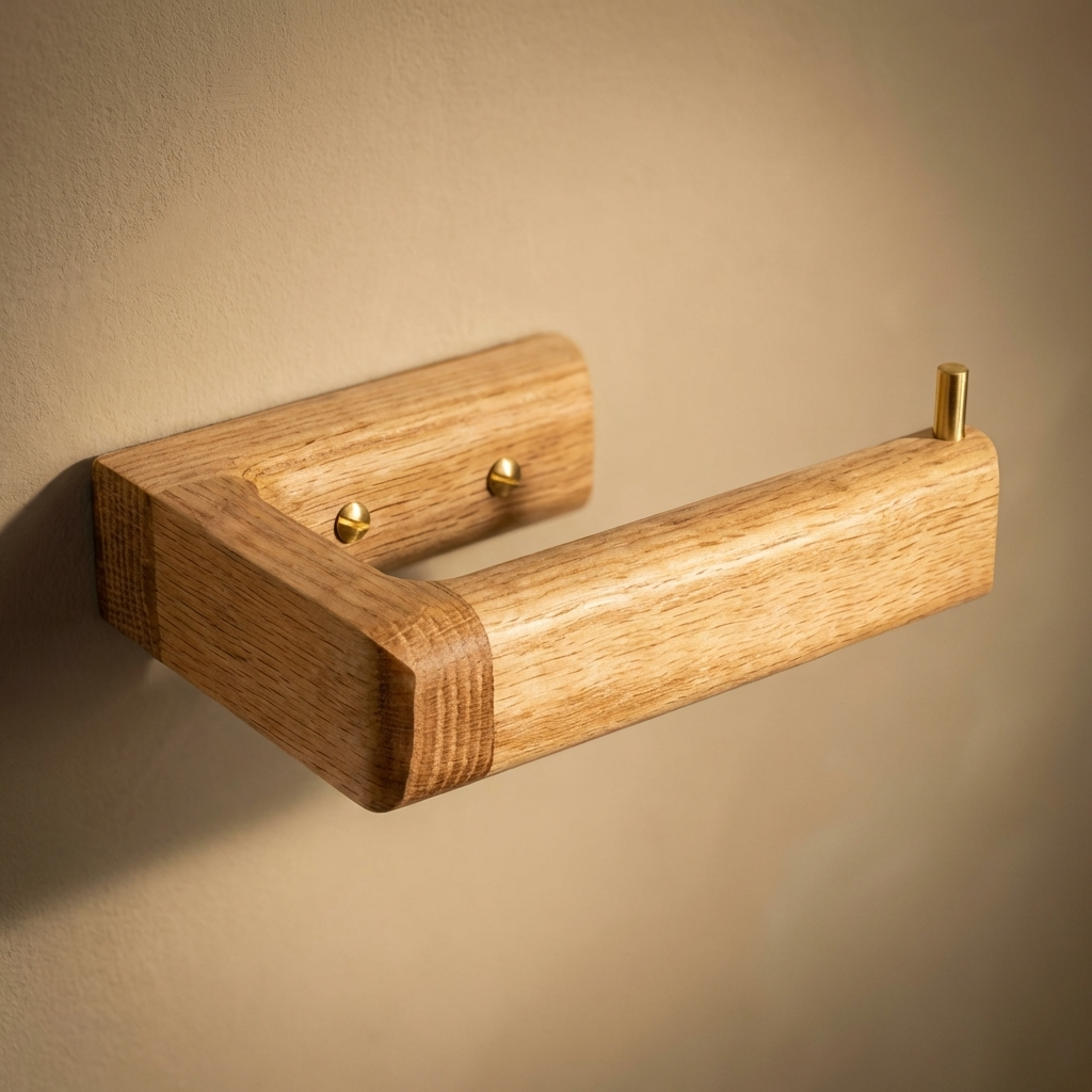 Wooden toilet paper holder on a beige wall