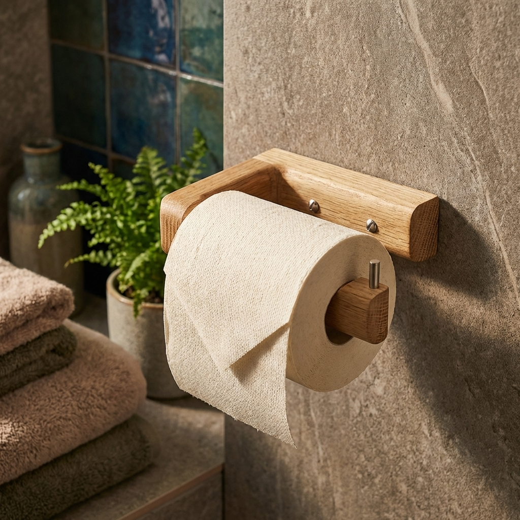 Wooden toilet paper holder mounted on a bathroom wall with towels and a plant in the background.