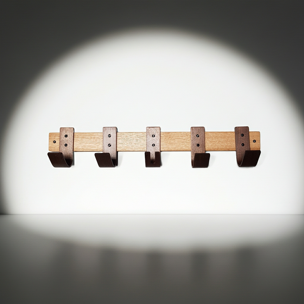 Designer Oak & Walnut Coat Rack with Key Storage - 5 Hooks