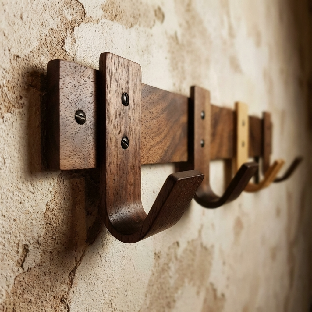 Set of wooden wall hooks on a textured wall