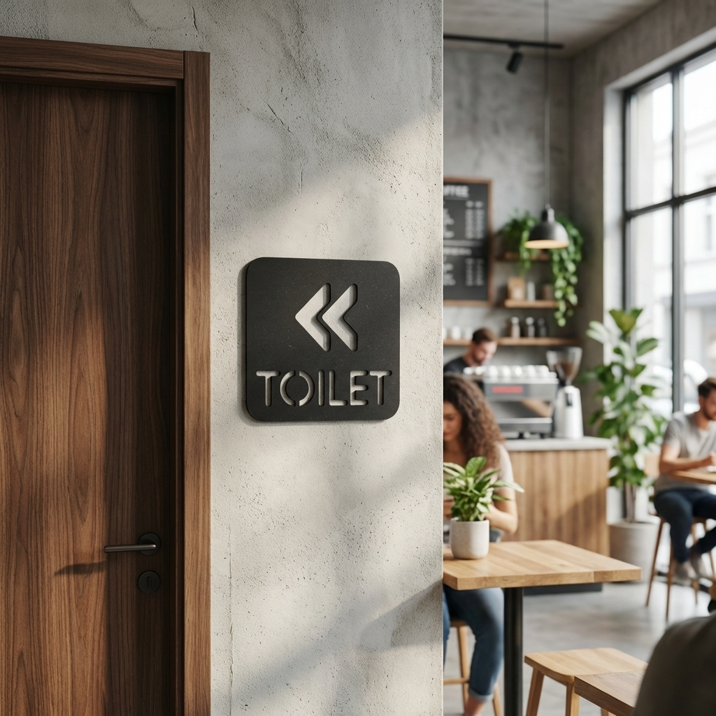 Modern interior with a 'TOILET' sign on a wall