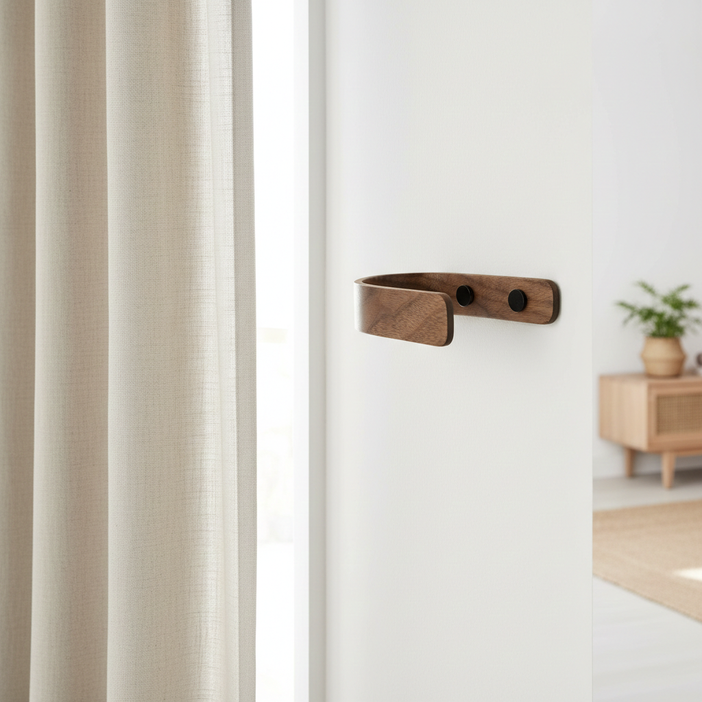 Wooden curtain holdback mounted on a white wall with a curtain and plant in the background