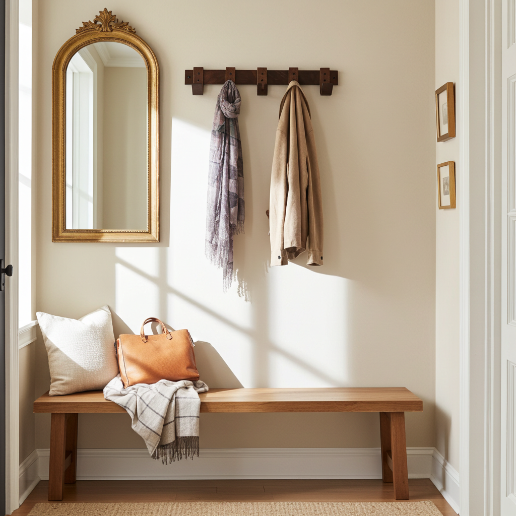 Entryway with wooden bench, mirror, and coat rack.