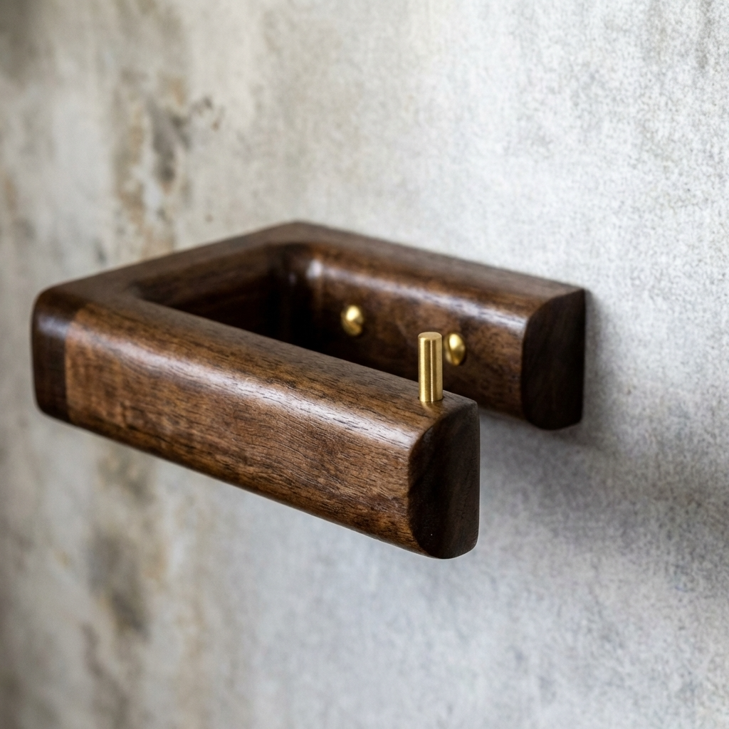Walnut toilet paper holder with brass accents on a textured wall background