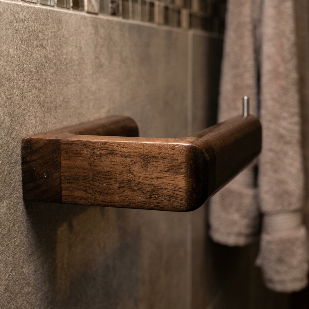 Wooden towel rack mounted on a tiled bathroom wall.
