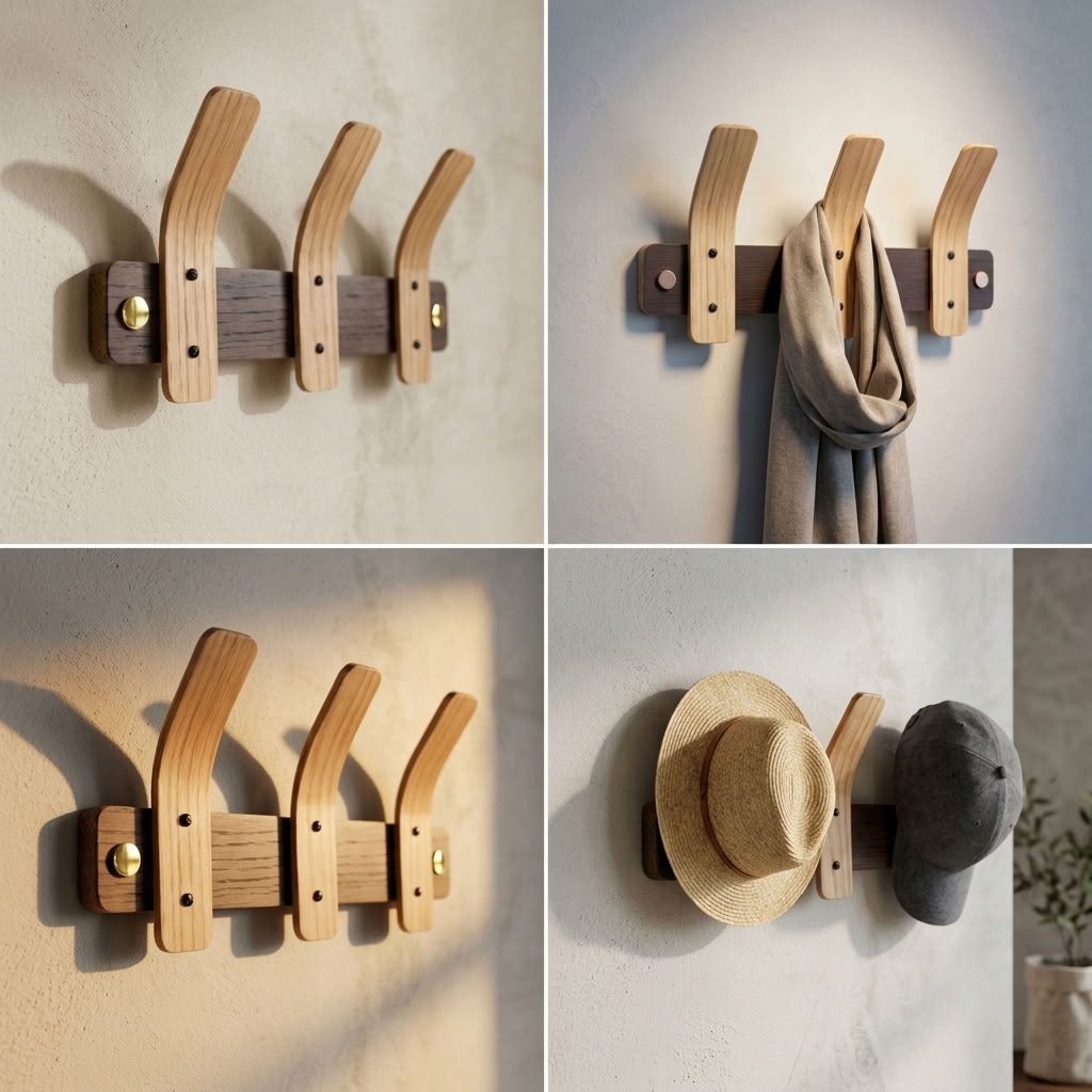 Tordu Oak Coat Rack | Steam-Bent Solid Oak | Brass Fittings | 2–9 Hooks
