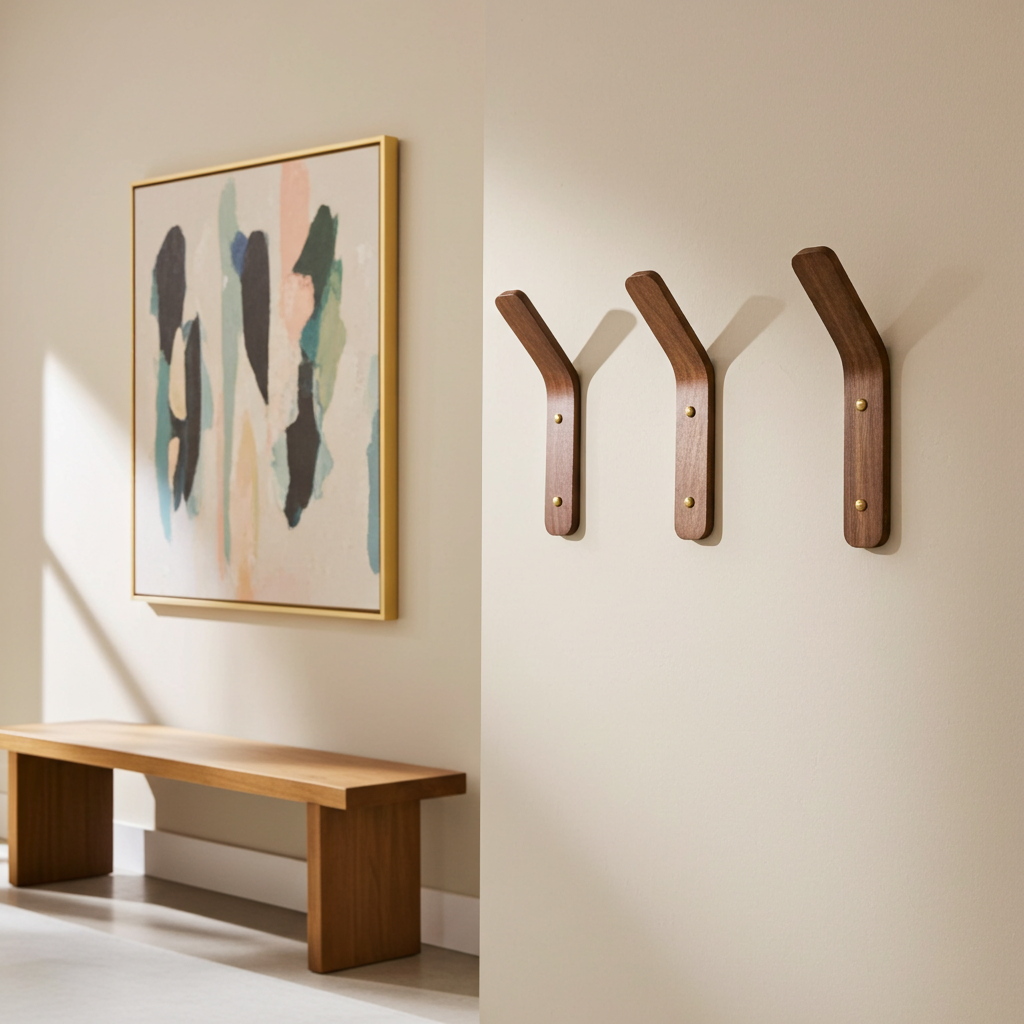 Wooden wall hooks on a beige wall with abstract art and a wooden bench.