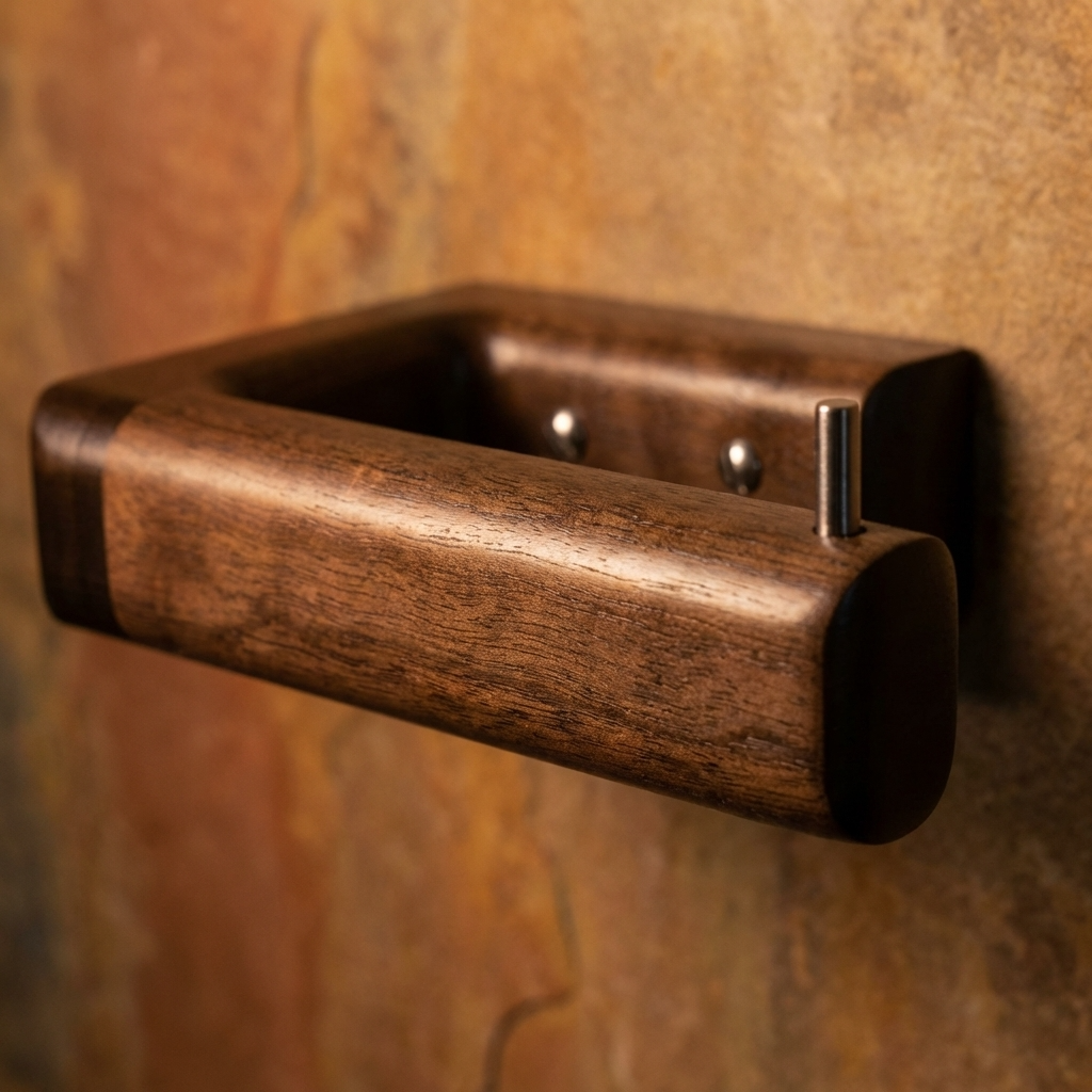 Wooden toliet roll holder on a textured brown wall