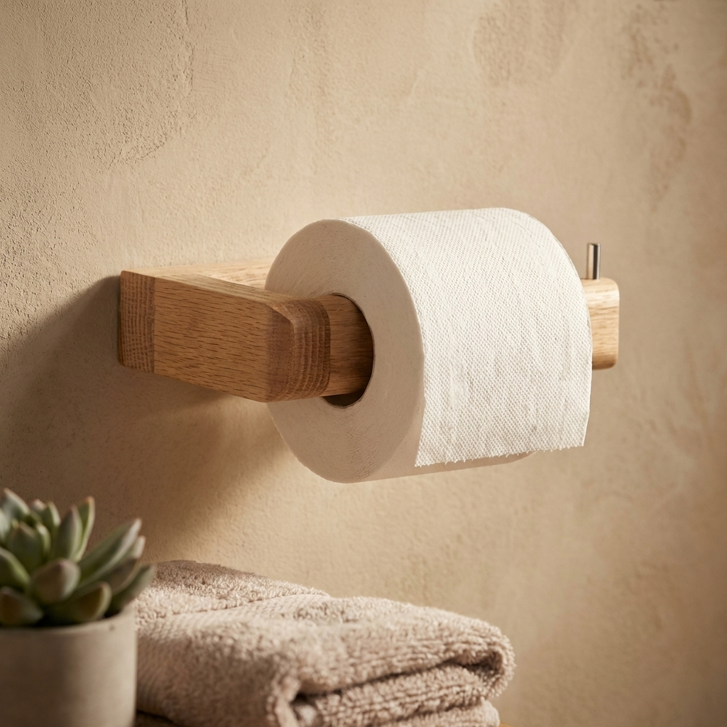 Wooden toilet paper holder with a roll of toilet paper on a beige wall, next to a folded towel and a plant.