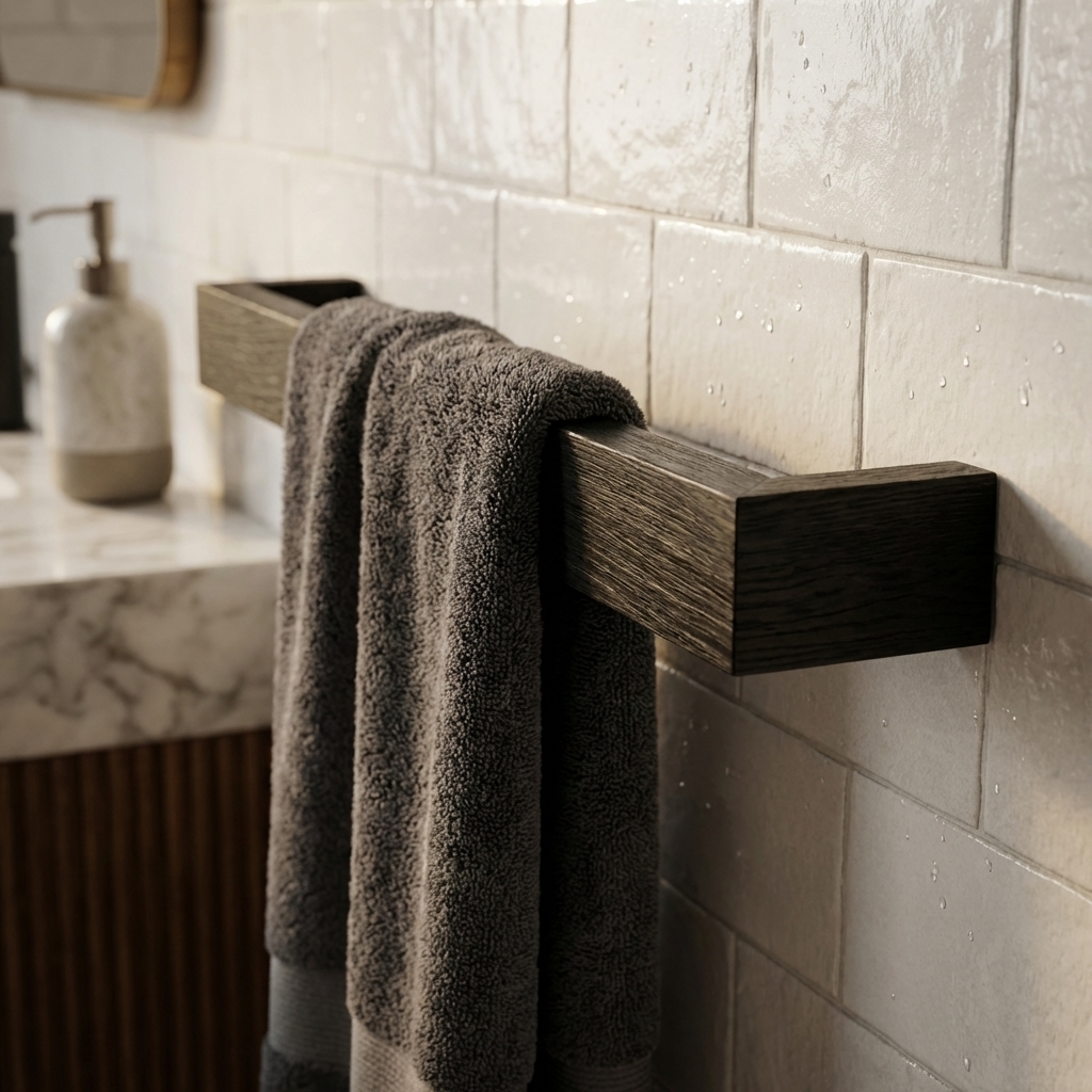Gray towel hanging on a wooden towel rack against a tiled bathroom wall.