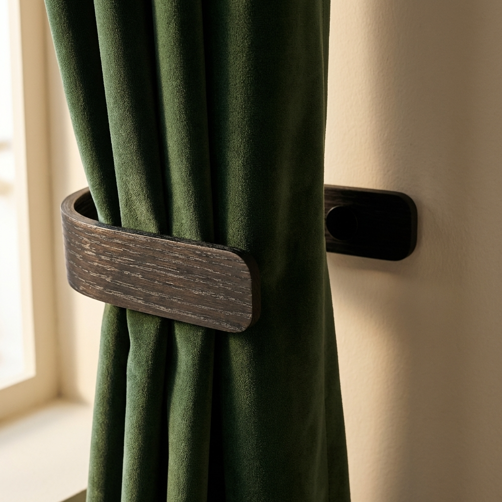 Green curtain with a wooden tieback against a neutral wall