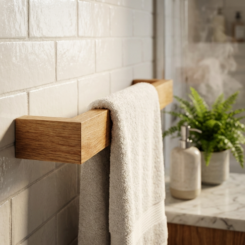 Close-up of solid oak towel rail showing natural wood grain, handcrafted luxury