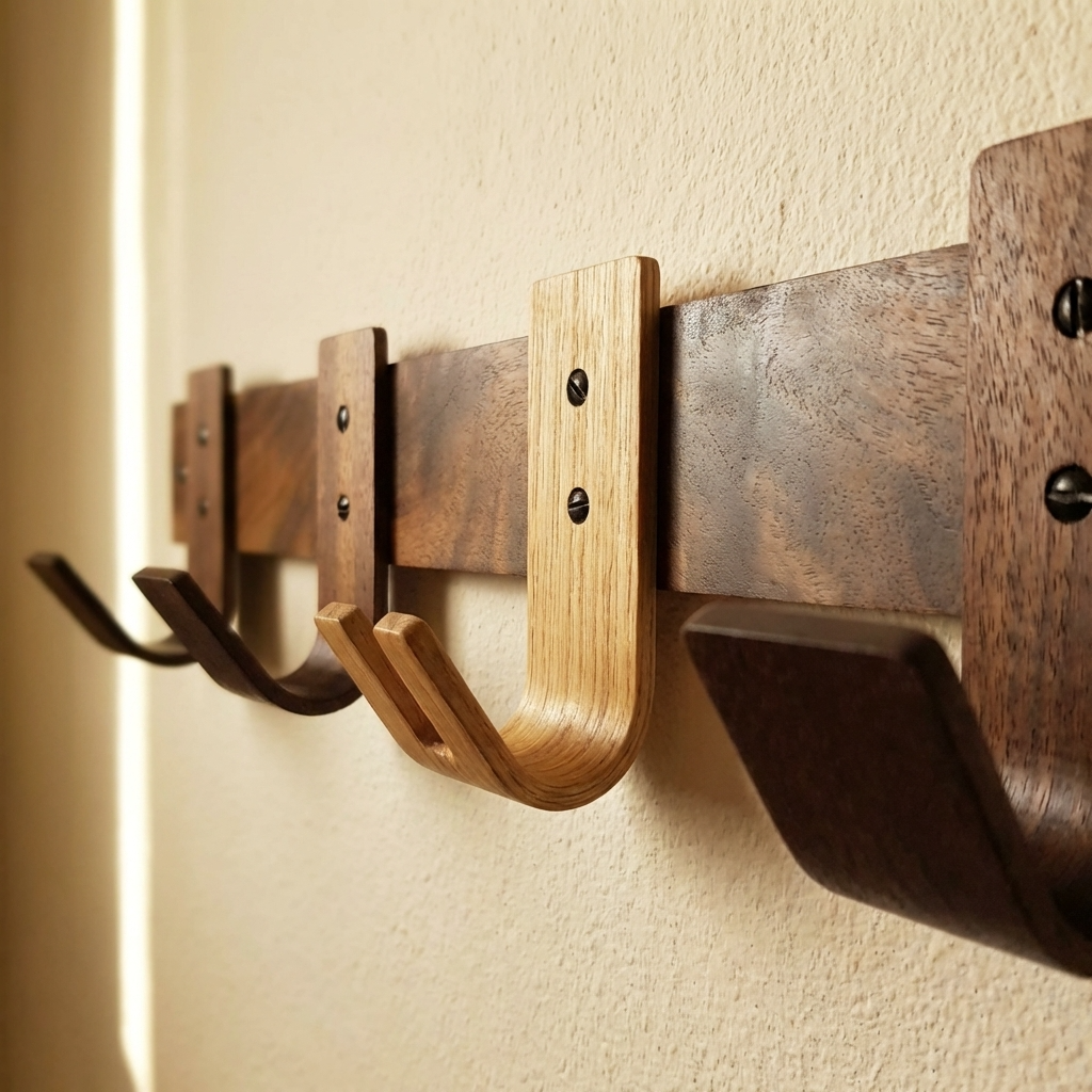 Wooden wall hooks on a beige wall