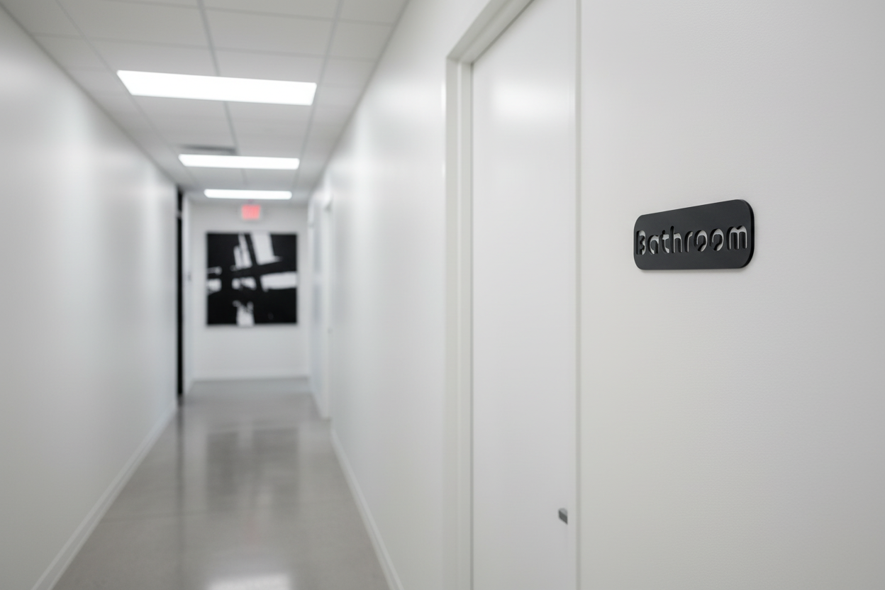 Corporate office hallway with a bathroom sign on the wall 