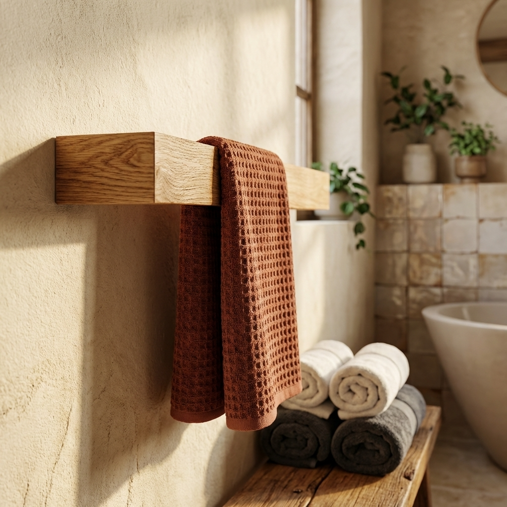 Brown textured towel hanging on a wooden towel rack in a bathroom with stacked towels below.