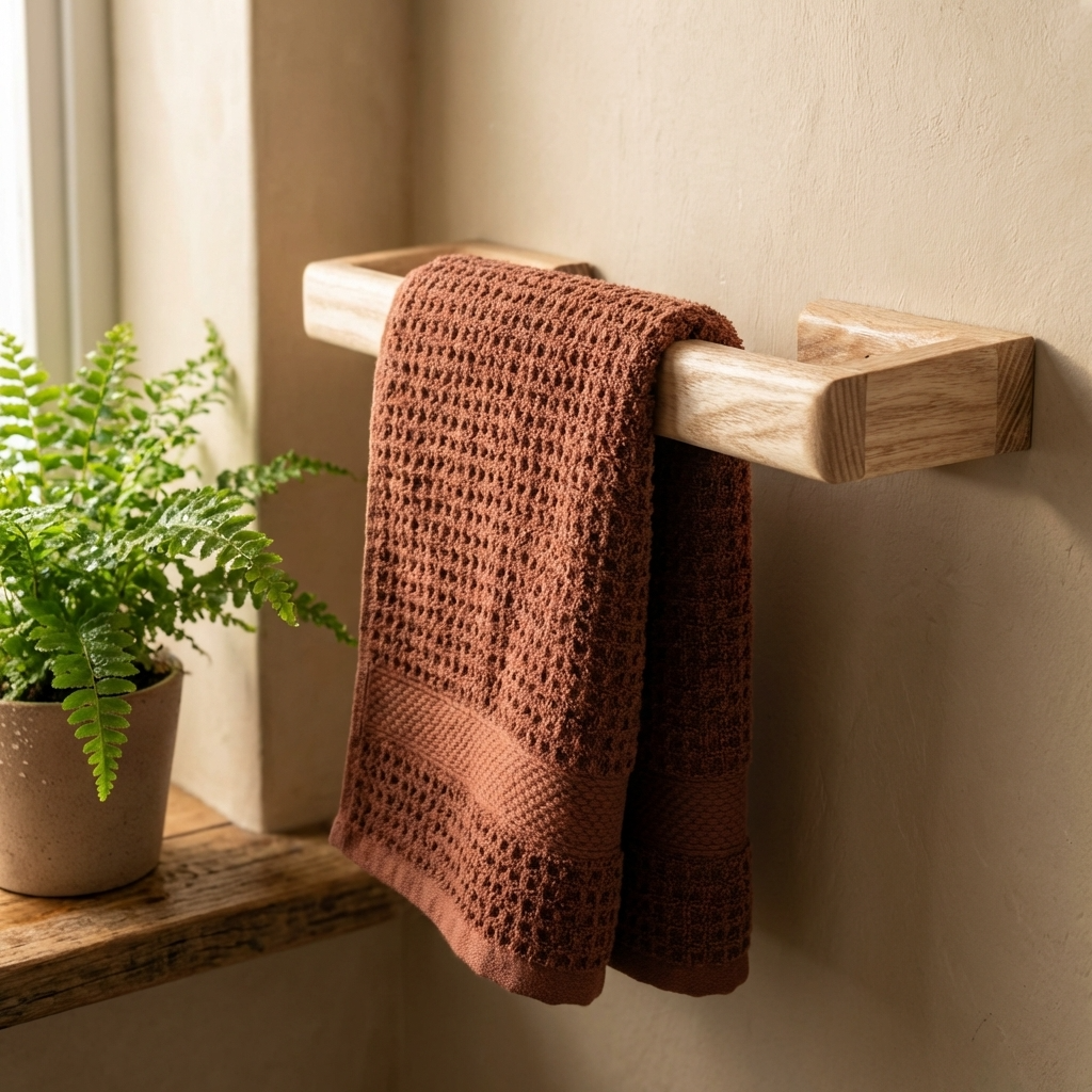 Brown textured towel draped over a wooden towel rack with a potted plant nearby.