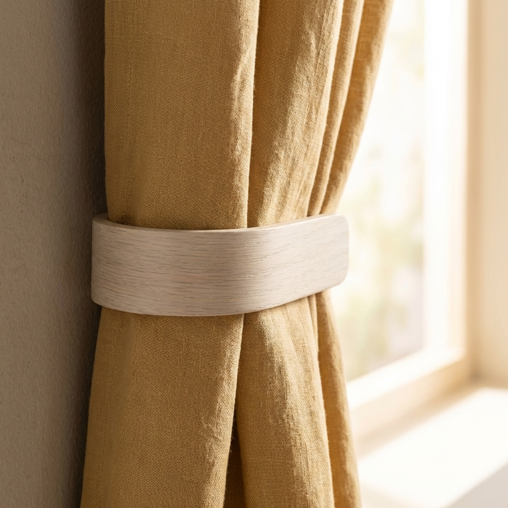 Beige curtain with a metallic ring holder against a neutral wall.
