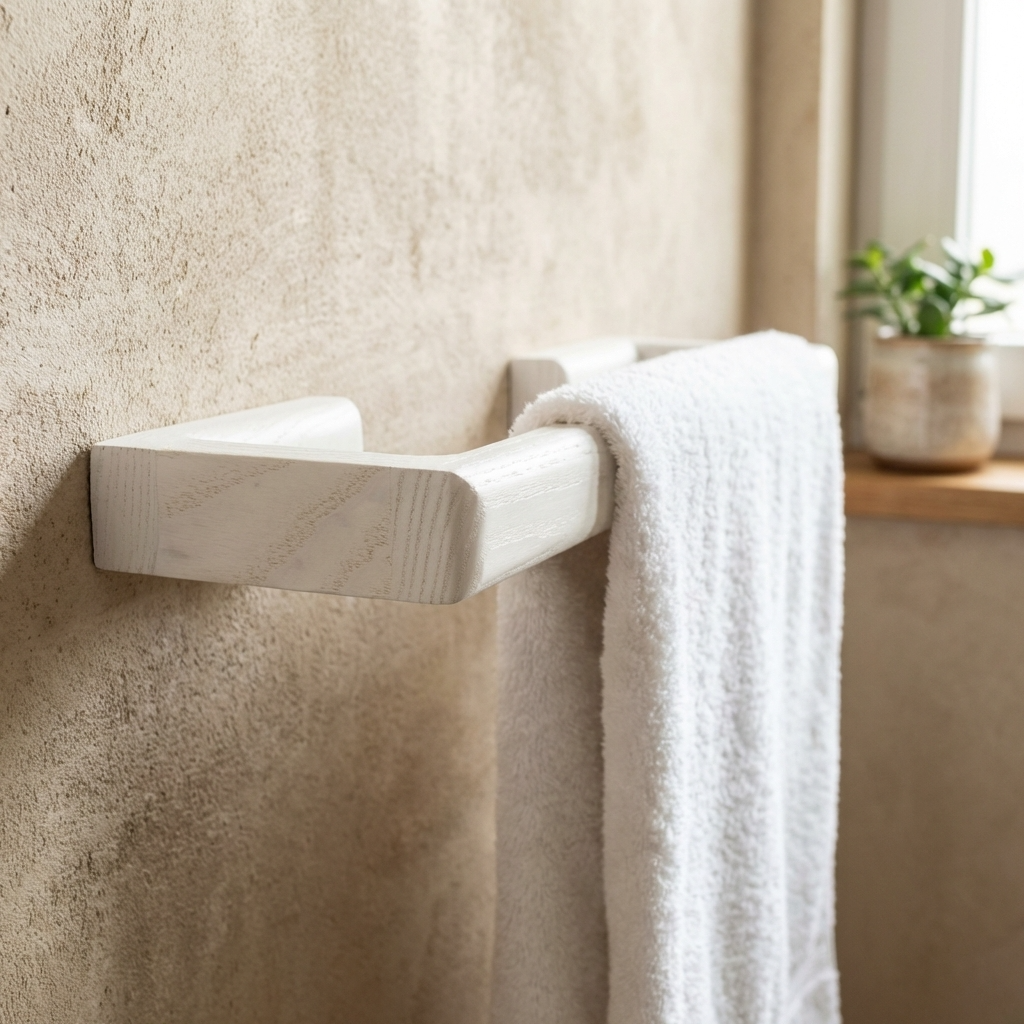 White towel hanging on a stone towel rack against a beige wall.