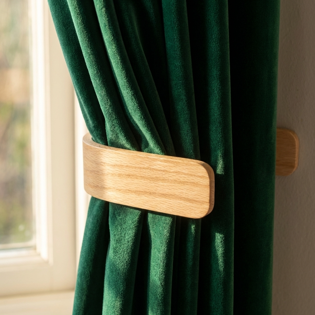 Green curtain with a wooden tie-back in front of a window