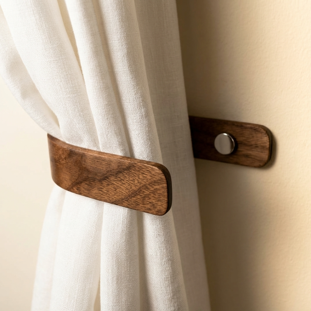 Wooden curtain tieback with metal clip attached to a white curtain on a beige wall.