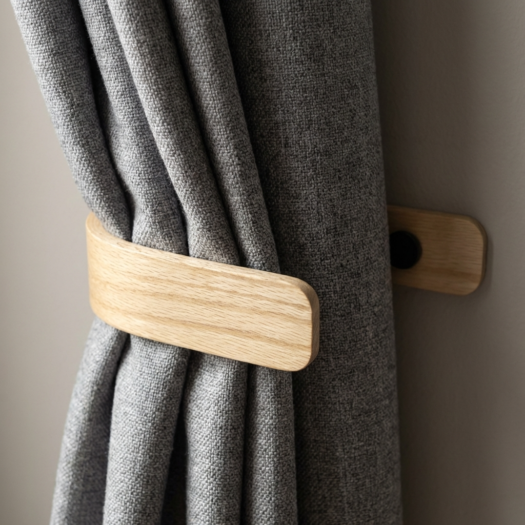 Wooden curtain tieback holding a gray curtain against a neutral wall.