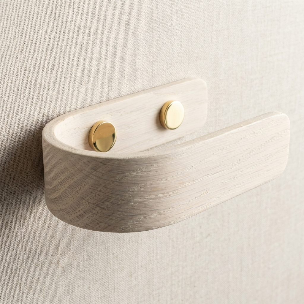 Wooden wall hook with brass circular plates on a neutral background