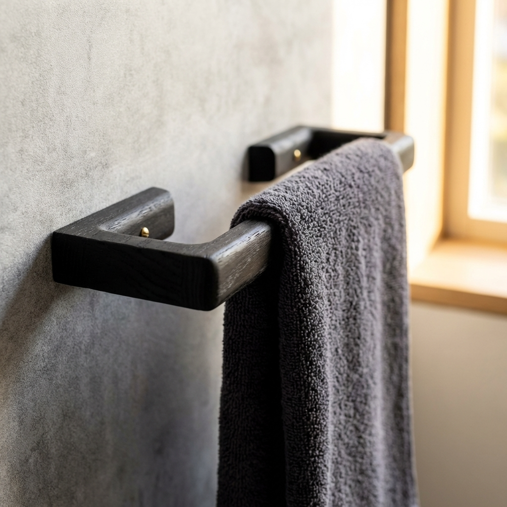 Black towel rack with a gray towel against a light-colored wall.