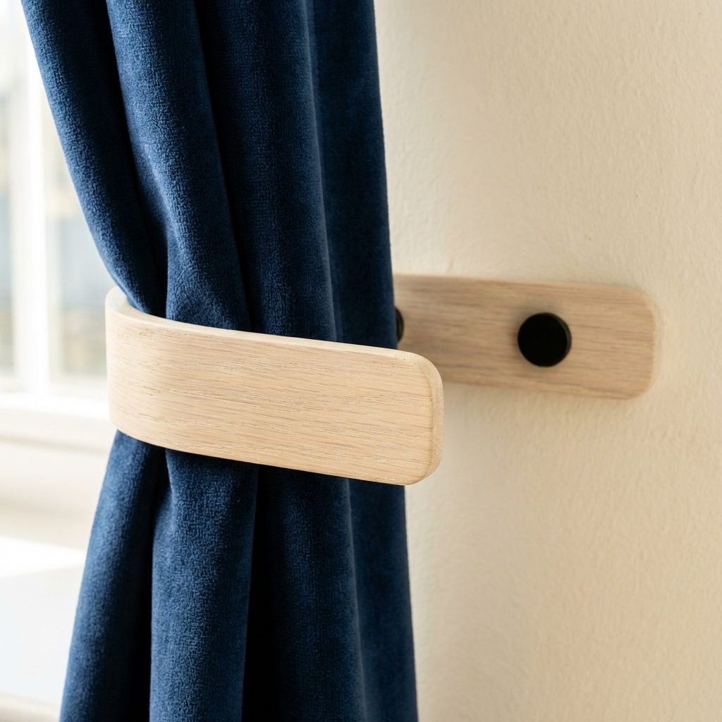 Wooden curtain holder on a navy curtain against a beige wall