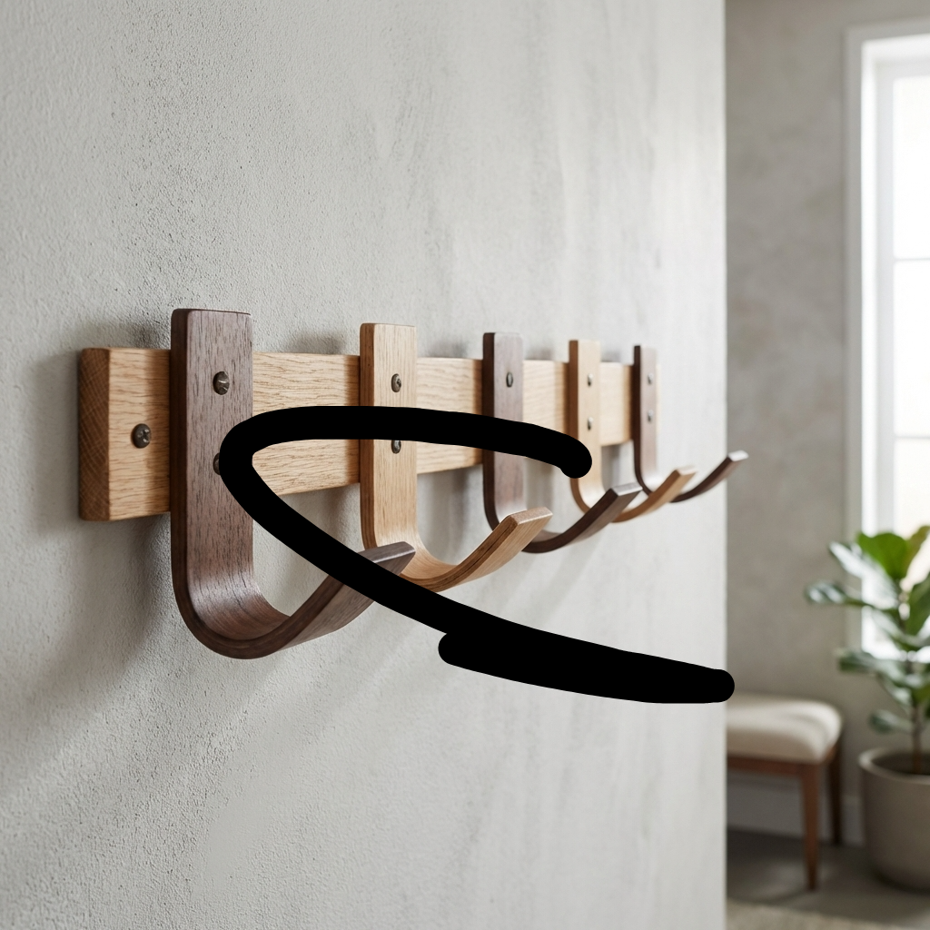 Handcrafted Steam-Bent Oak Coat Rack – 5 Mixed Oak & Walnut Hooks Wall-Mounted Organizer for Hallway & Entryway
