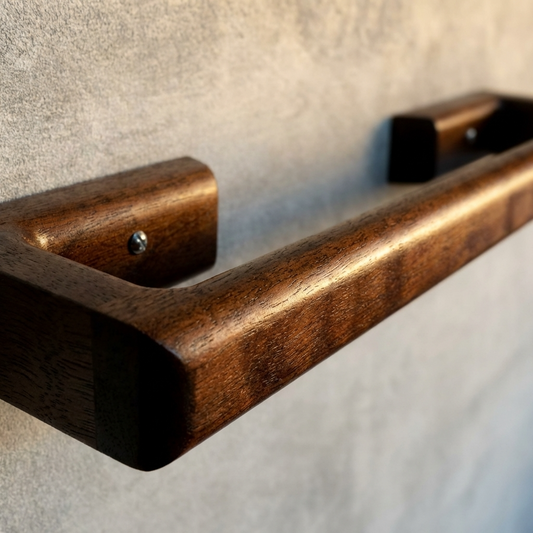 Wooden handle on a white surface with a neutral background