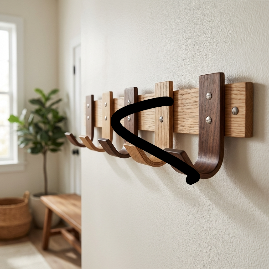 Handcrafted Steam-Bent Oak Coat Rack – 5 Mixed Oak & Walnut Hooks Wall-Mounted Organizer for Hallway & Entryway