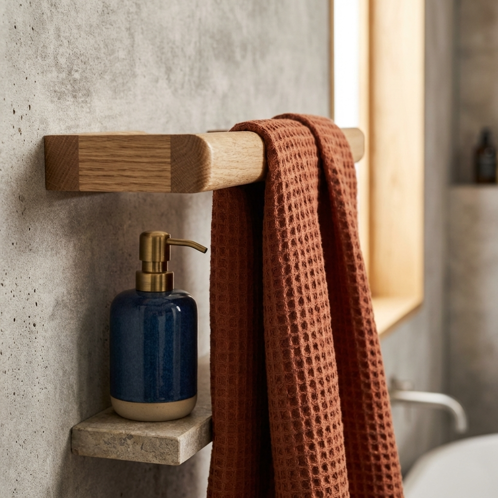 Bathroom setting with a towel rail holding a blue soap dispenser and a brown towel.