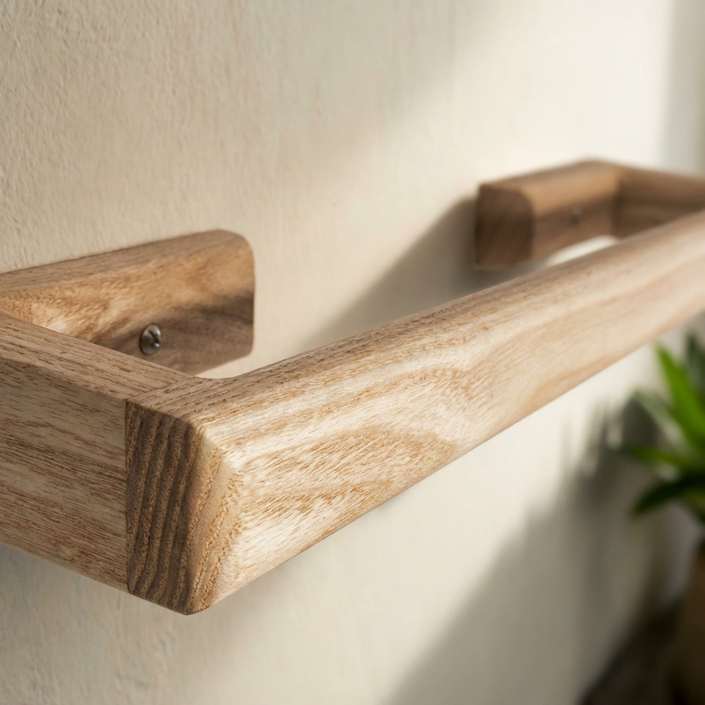 Wooden towel rail against a neutral wall with a plant in the corner