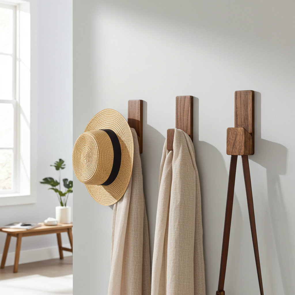Wooden wall hooks with a hat and coats against a white wall.
