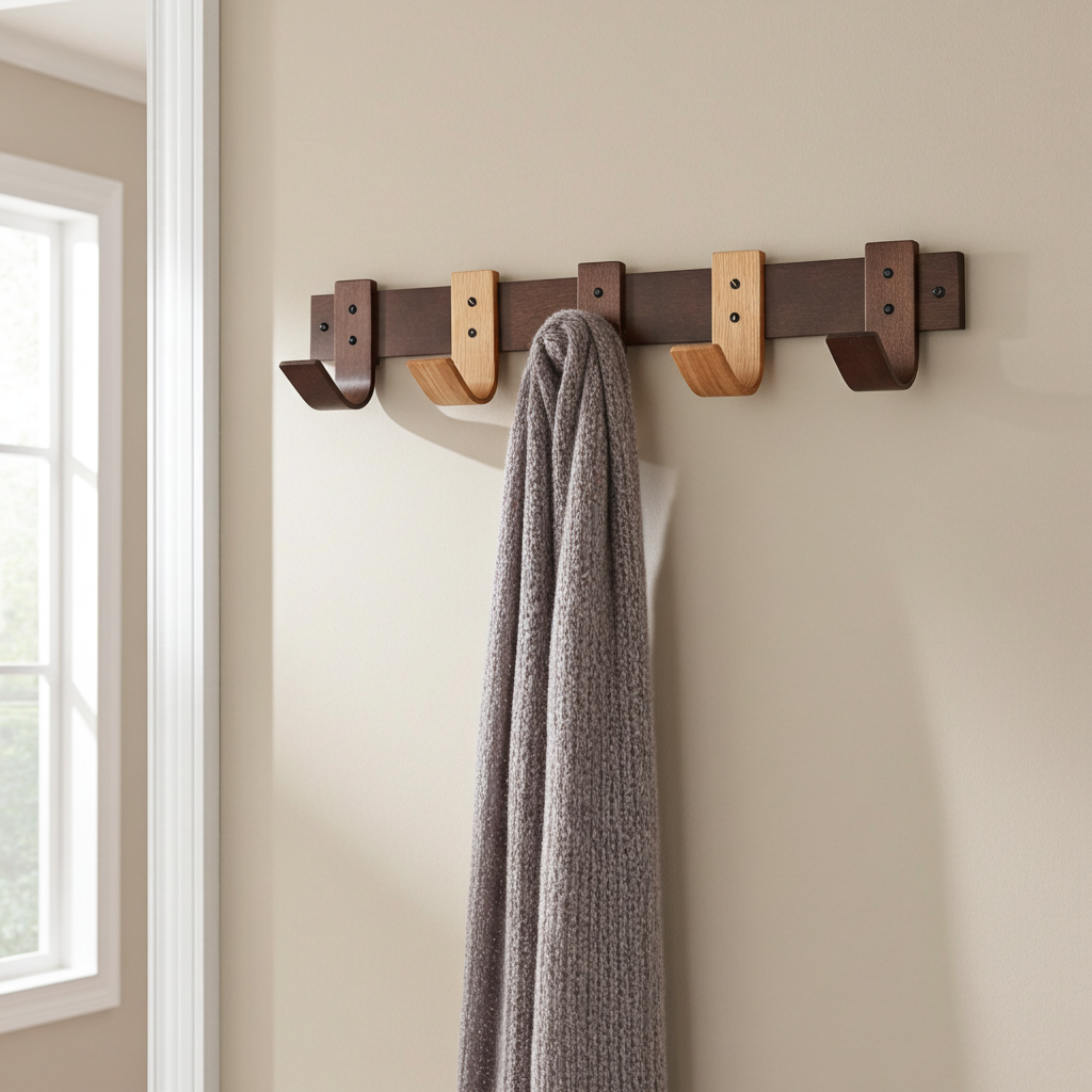 Wall-mounted coat rack with hooks holding a gray scarf against a neutral wall.