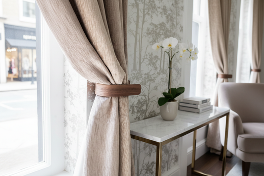 Luxury boutique using walnut curtain holdbacks from NOIR.DESIGN 