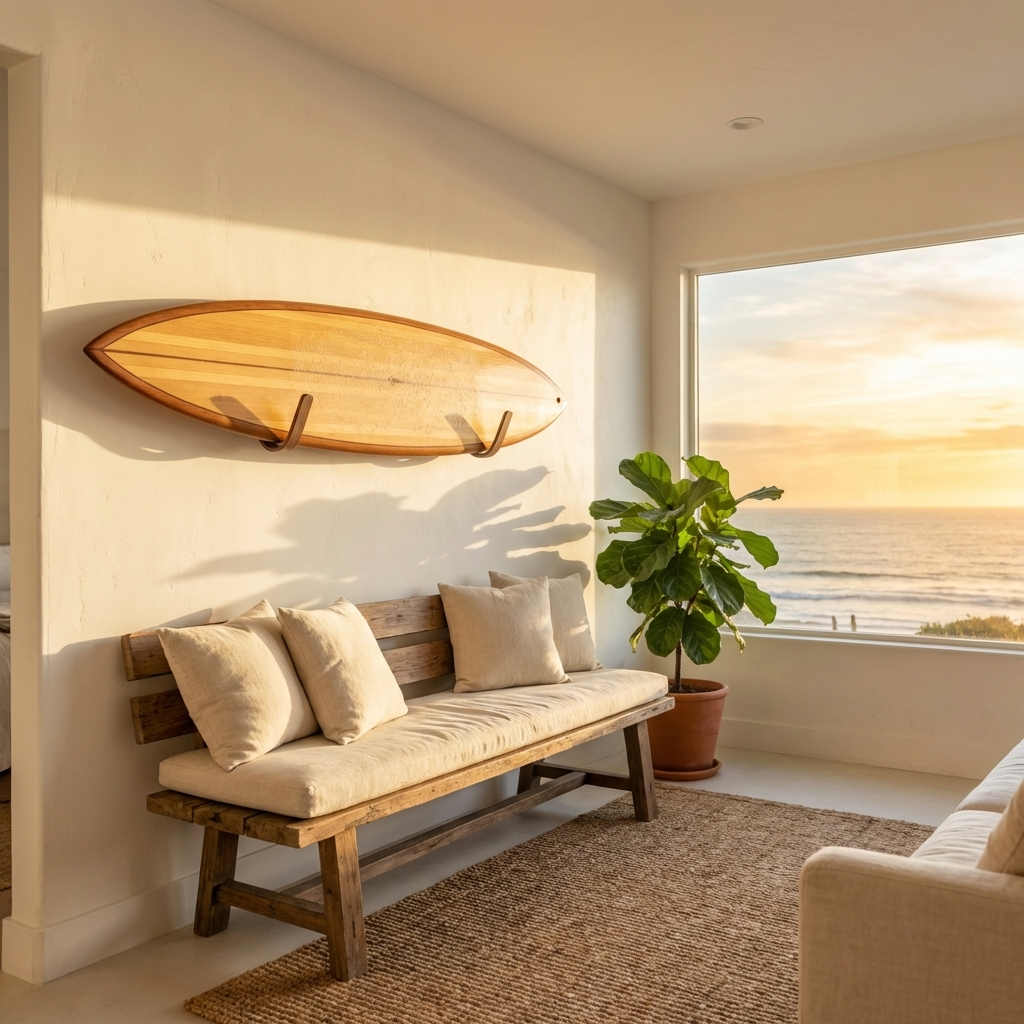 Living room with wooden bench, cushions, and surfboard displayed on the wall with wooden surfboard mounts by noir.design
