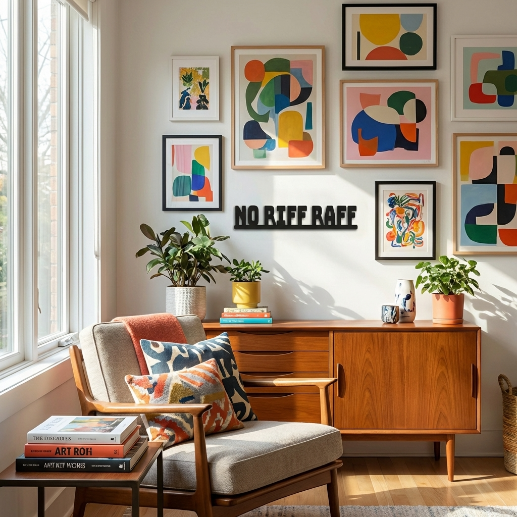 Living room with a wooden sideboard, armchair, and colorful abstract art on the wall with no riff raff sign