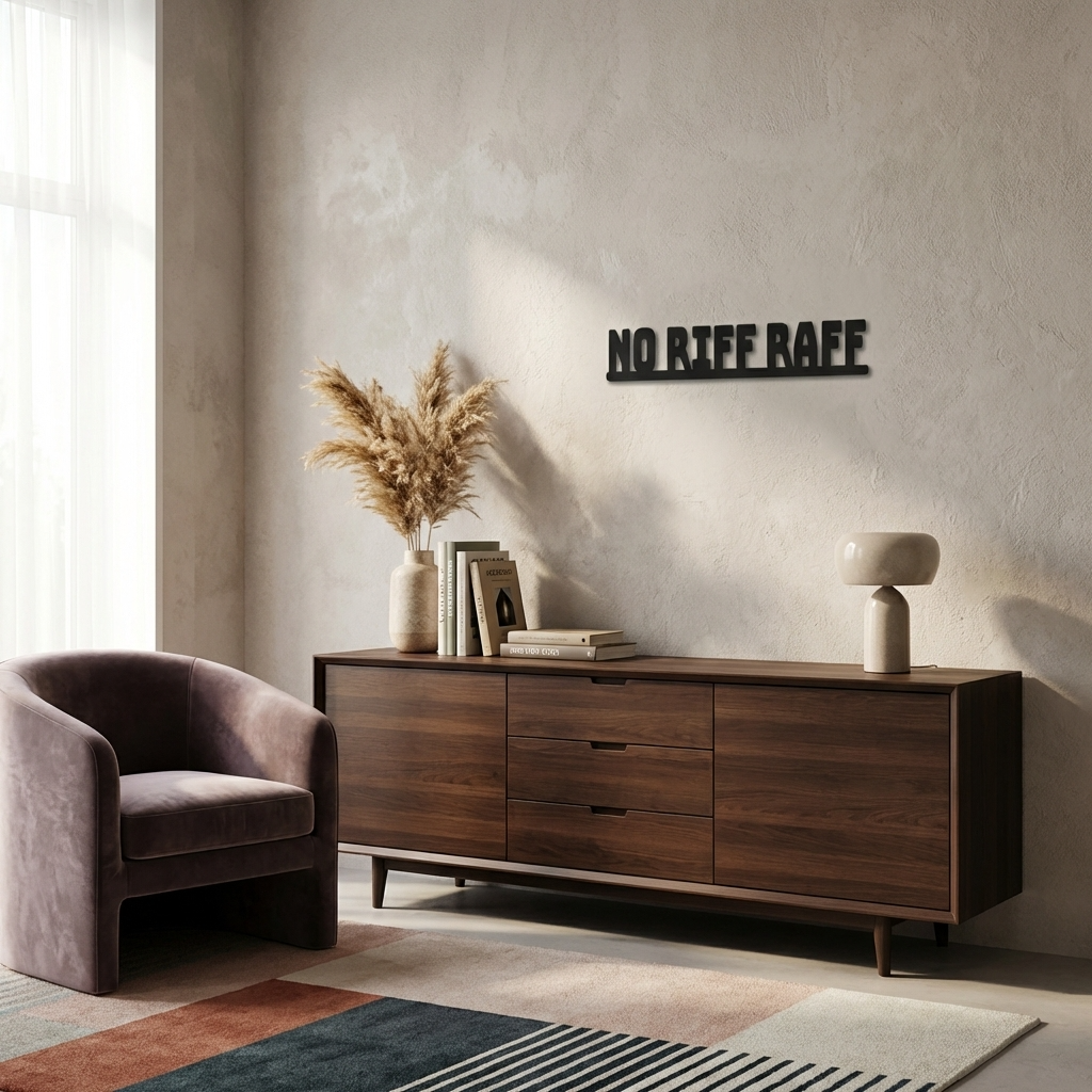Modern living room with a wooden sideboard, armchair, and decorative elements and no riff raff sign on wall